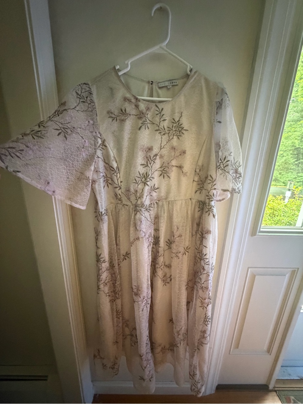 Baltic Born embroidered 1X cream and lavender midi dress. Summer wedding guest.